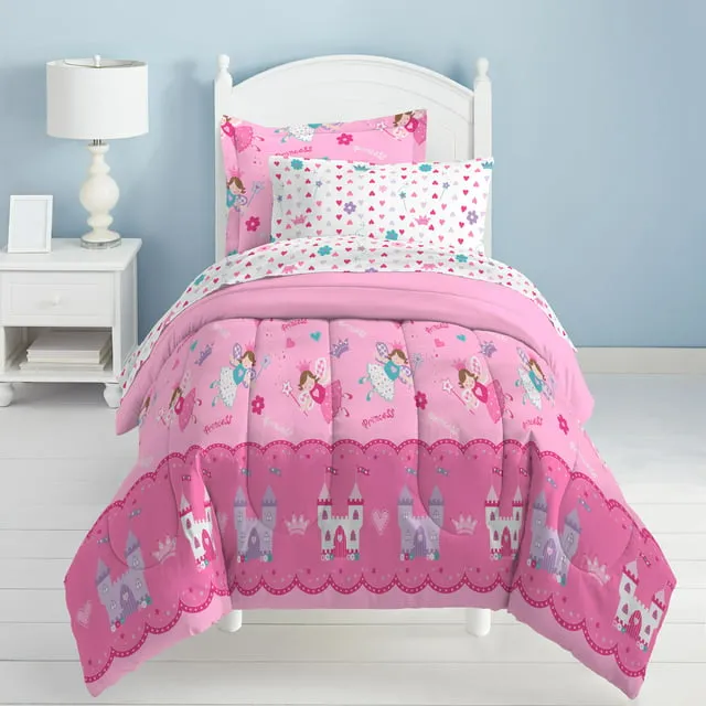 Dream Factory Magical Princess Twin 5 Piece Comforter Set, Polyester, Microfiber, Pink, Purple, White, Multi, Child, Female