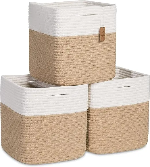 NaturalCozy Storage Cubes 11 inch Cotton Rope Woven Baskets for Organizing, 3-Pack | Cube Storage Bin | Square Storage Baskets for Shelves Organizer