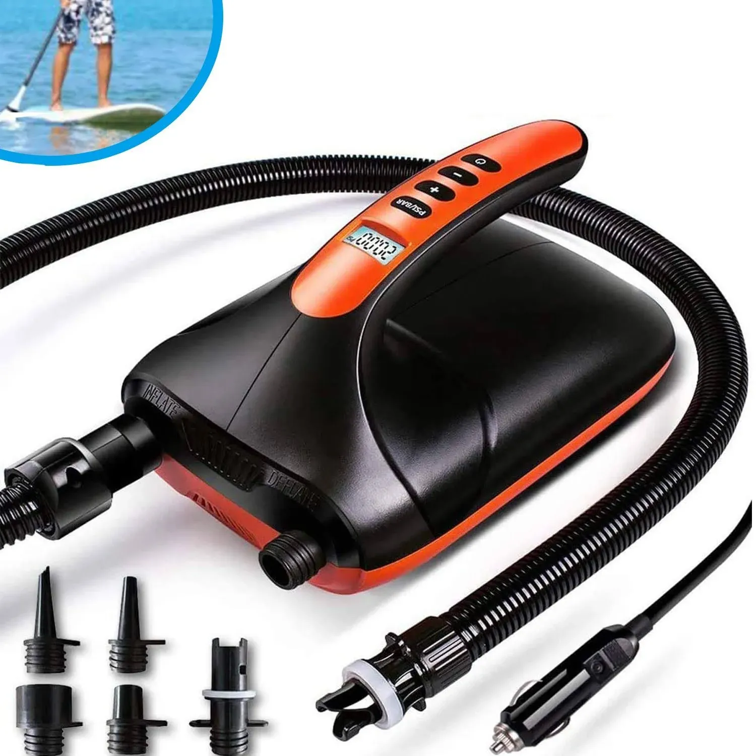 Tuomico 20PSI High Pressure SUP Electric Air Pump,Dual Stage Inflation Paddle Board Pump for Inflatable Stand Up Paddle Boards, Boats,Kayak,12V DC