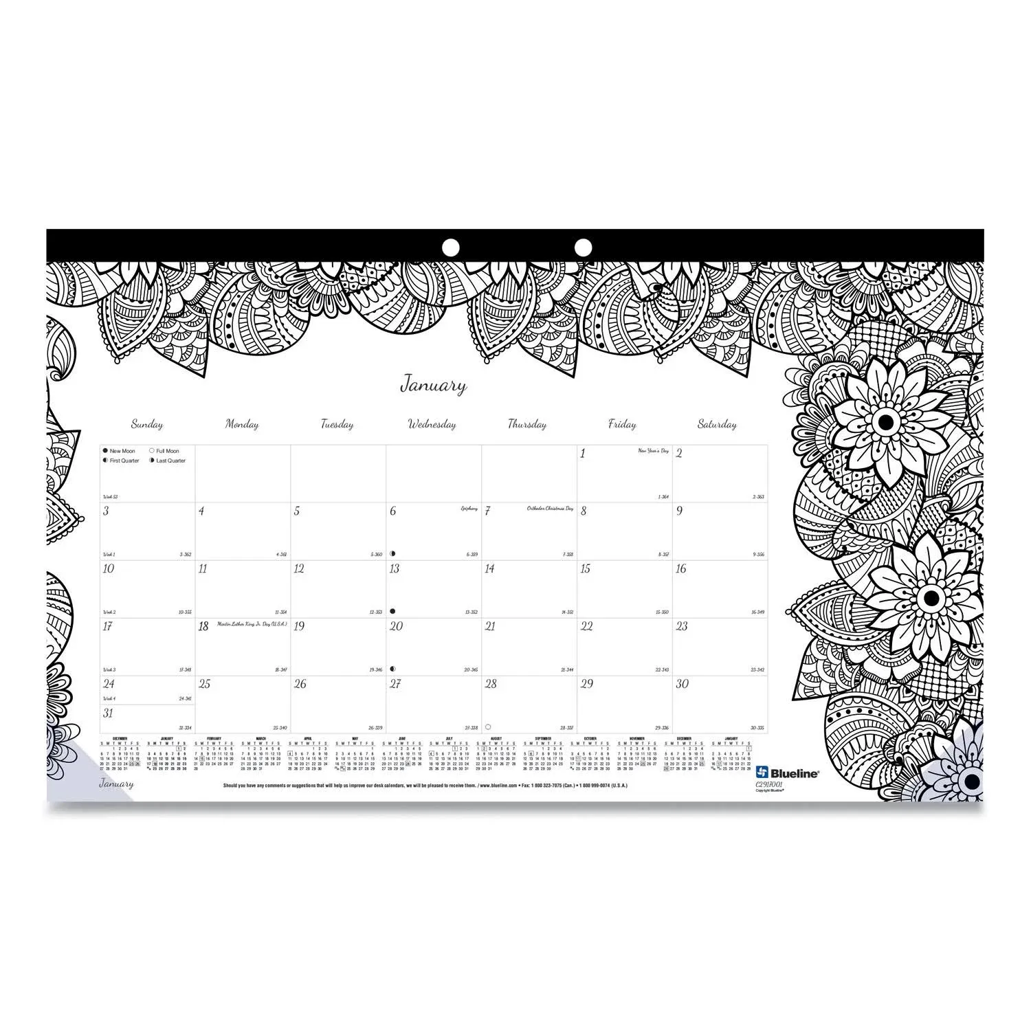 2025 Blueline DoodlePlan Monthly Desk Pad Coloring Calendar