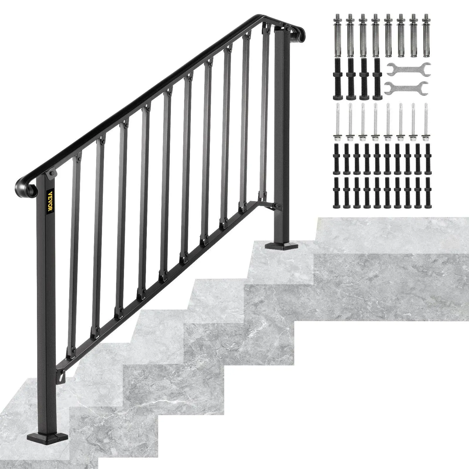 VEVORbrand Handrail Picket #3 Fits 3 or 4 Steps Stair Rail Height adjustable Wrought Iron Handrail with Installation Kit Hand Rails for Outdoor/Indoor Steps， Matte White