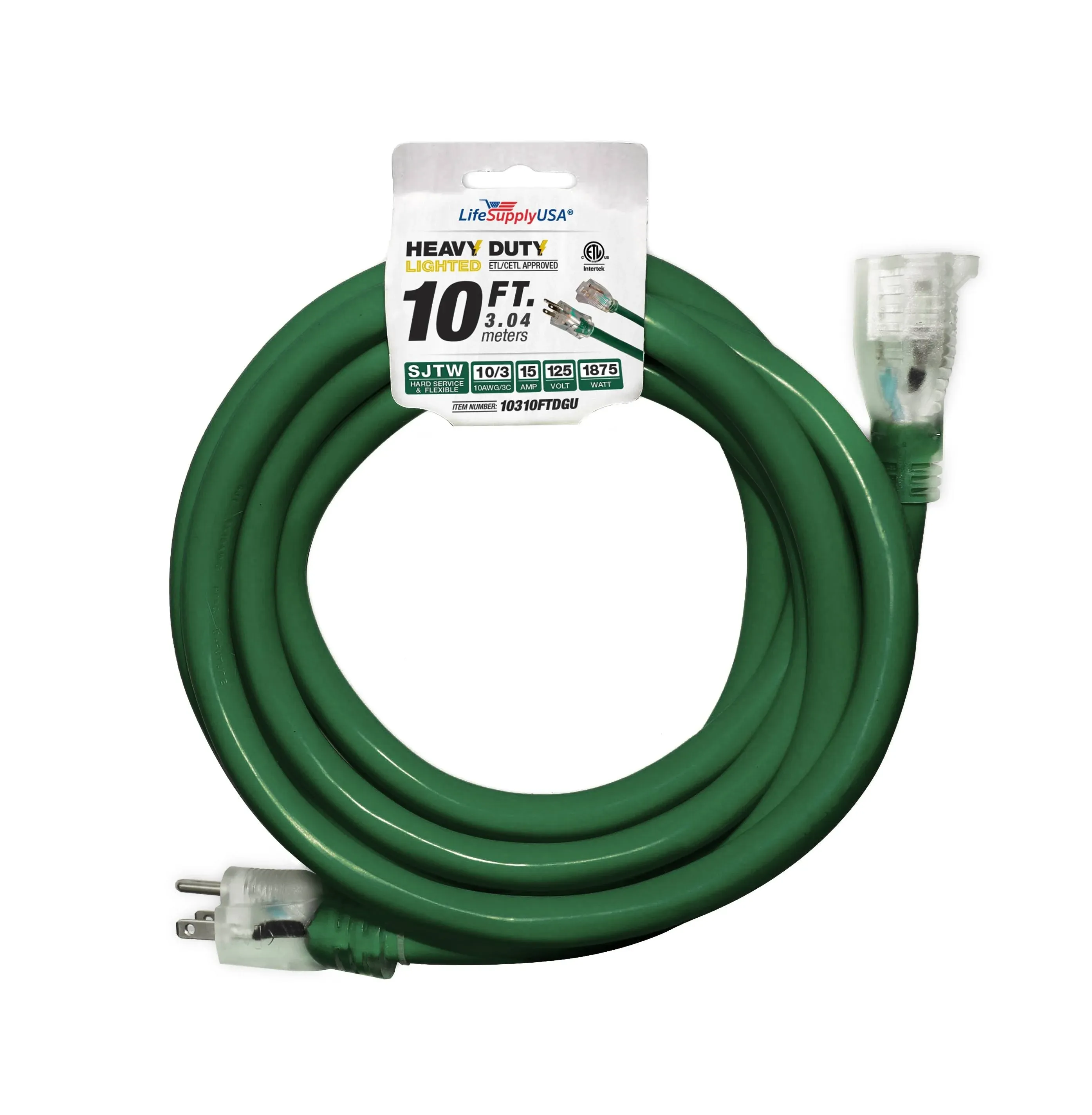 10ft Power Outdoor Extension Cord & Indoor - Waterproof Electric Drop Cord Cable - 3 Prong SJTW, 10 Gauge, 15 AMP, 125 Volts, 1875 Watts, 10/3 ETL Listed, by LifeSupplyUSA - Green (1 Pack)