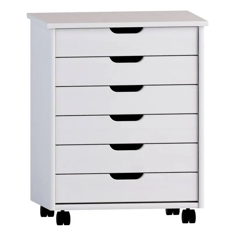 Linon Home Decor Mcleod White Wash 6 Drawer Wide Rolling Storage Organizational Cart