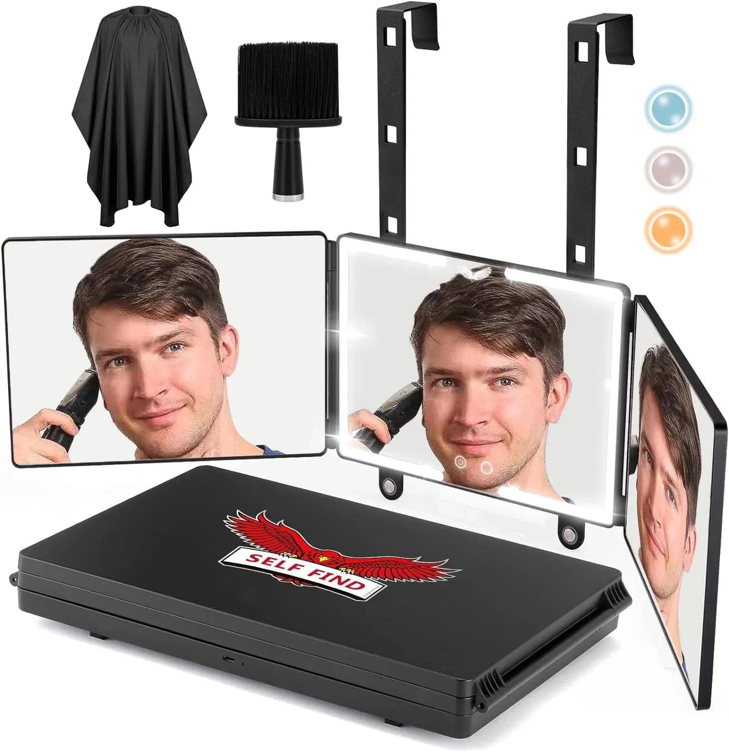 Self Find 2.0 Large Size 3 Way Mirror for Self Hair Cutting with 3 Color Ring