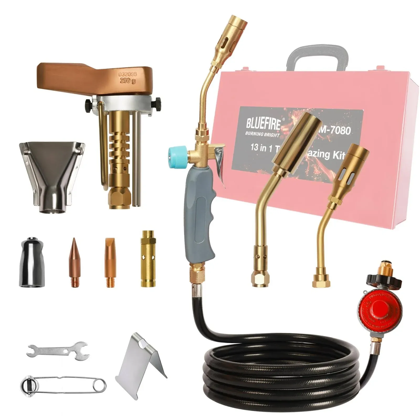 BLUEFIRE Soldering Propane Torch with Hose and Three Burners 13 in 1 Multi-Function Adjustable Flame Propane Hose Torch Kit for Brazing Large Diameter Copper Pipes，Soldering，Barbecue，Heating