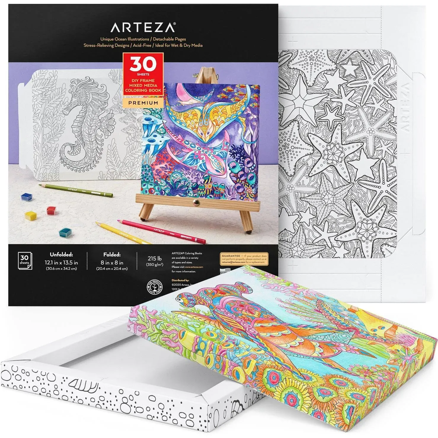 ARTEZA Adult Coloring Book, Ocean Illustrations, 30 Sheets, 12.1x13.5 Inches DIY Coloring Pages Fold into 8x8 Inches Frames, 215 lb Paper