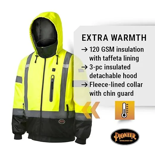 Pioneer Hi Vis Waterproof Heated Safety Bomber Jacket - Class 3 Winter Rain Gear for Men - Reflective Tape - Detachable Hood