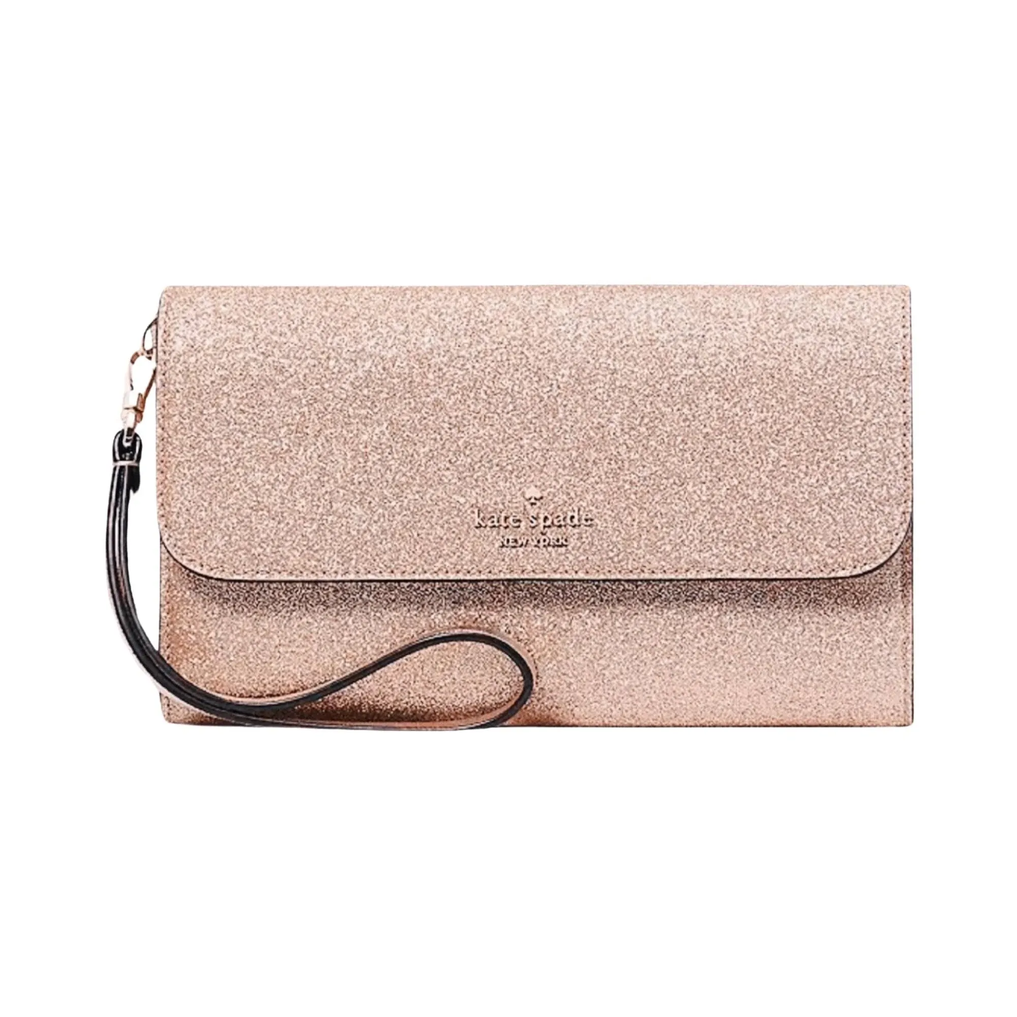 Kate Spade Glitter Medium Flap Phone Wristlet in Rose Gold