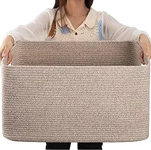 OIAHOMY 75L Large Blanket Basket, Woven Blanket Storage Basket with Handle, Cotton Rope Basket for Organizing 22x17x12, Blanket Basket Living Room, T