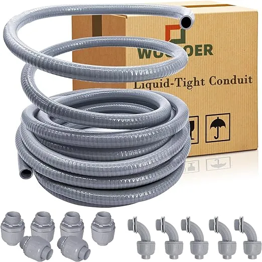 1/2 inch 100Ft Liquid-Tight Conduit Flexible PVC Non Metallic UL Electrical Conduit, with 6 Straight and 5 Angle Fittings Included. 3/4" Dia1/2 inch 100Ft Liquid-Tight Conduit Flexible PVC Non Metallic UL Electrical Conduit, with 6 Straight and 5 Angle F