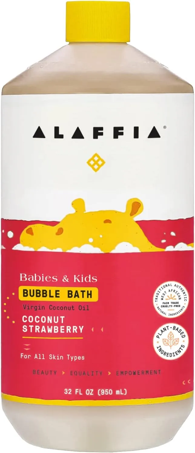 Alaffia Babies and Kids Bubble Bath, Gentle Baby Essentials for Delicate Skin, Cleansing & Calming Bubbles, Plant Based Formula, Vegan, Coconut & Strawberry, 32 Fl Oz