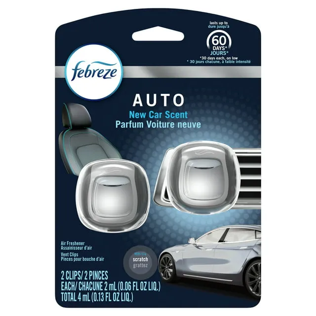 Febreze Auto Air Freshener, New Car Scent, Vent Clips - 2 pack, 2 ml clips