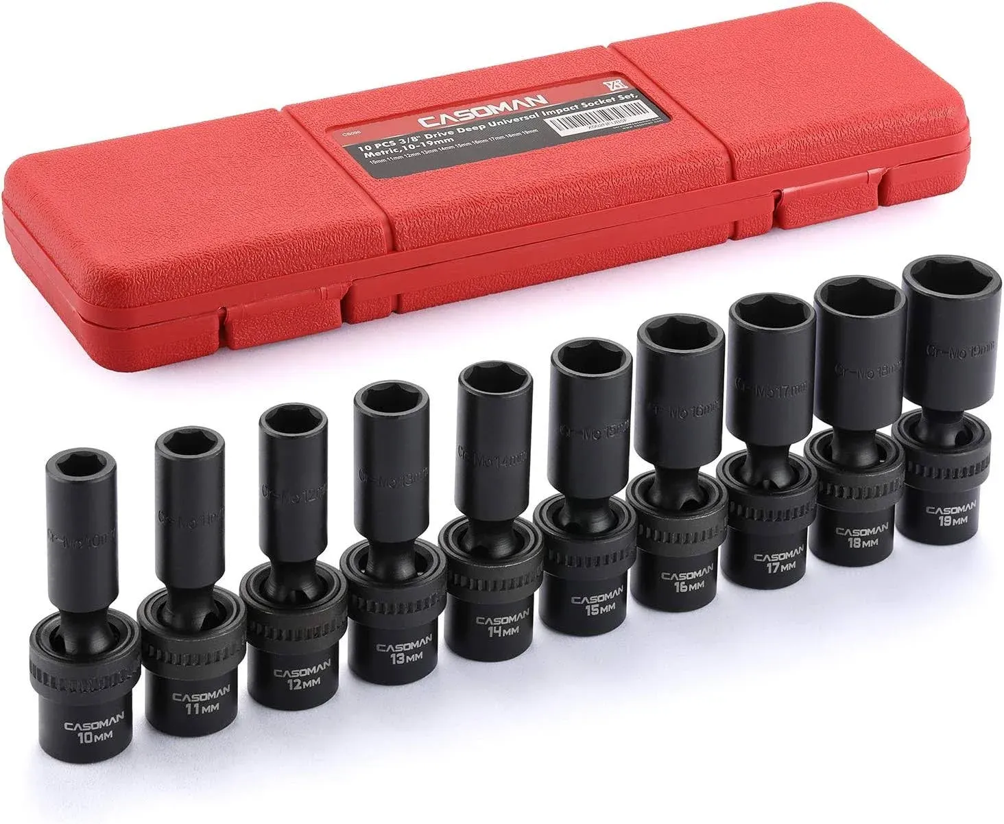 CASOMAN 10 PCS 3/8" Drive Deep Standard Universal Impact Socket Set, 6 Point, CR-MO, Metric,10-19mm