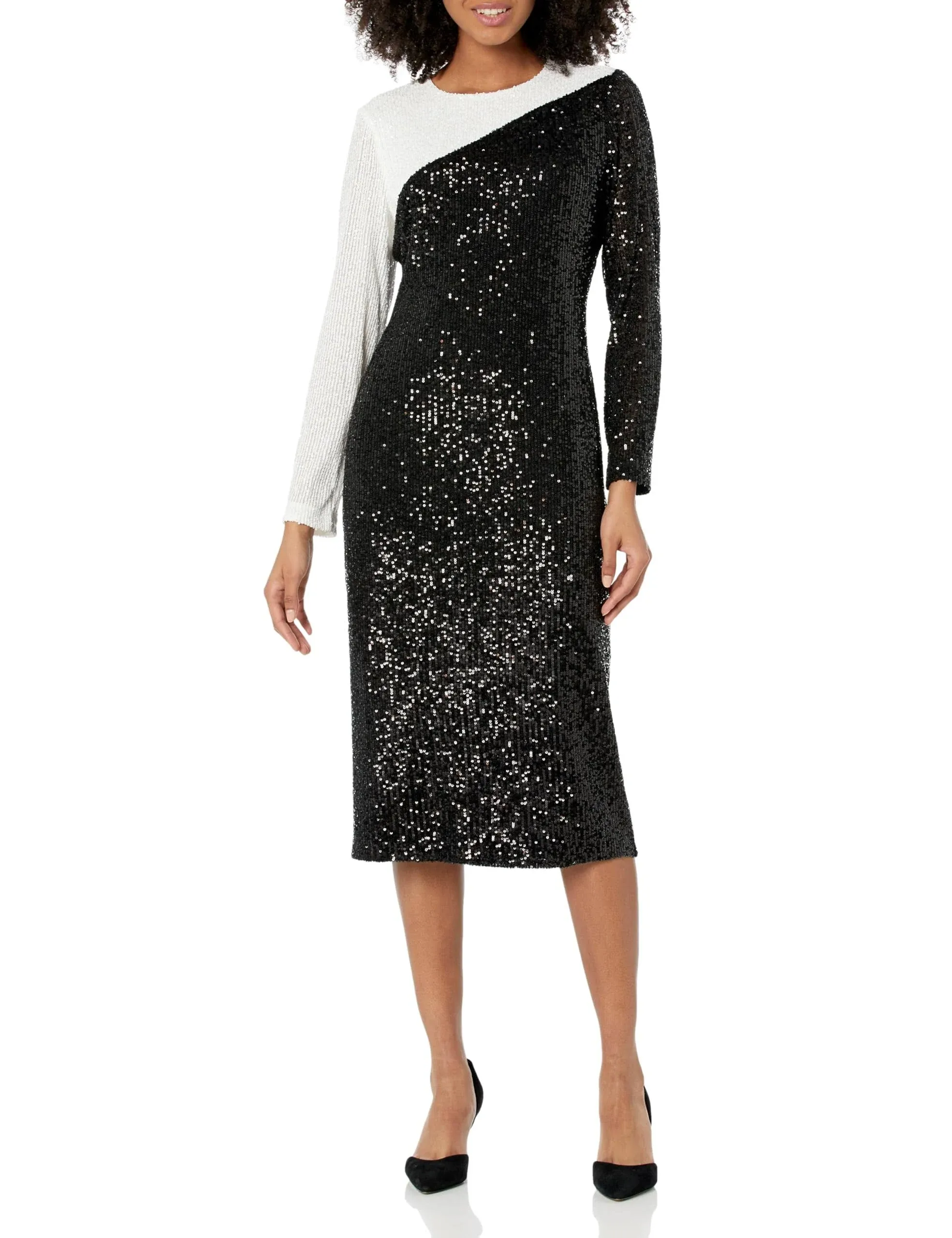 Anne Klein Colorblock Sequin Midi Dress, 12 / Black