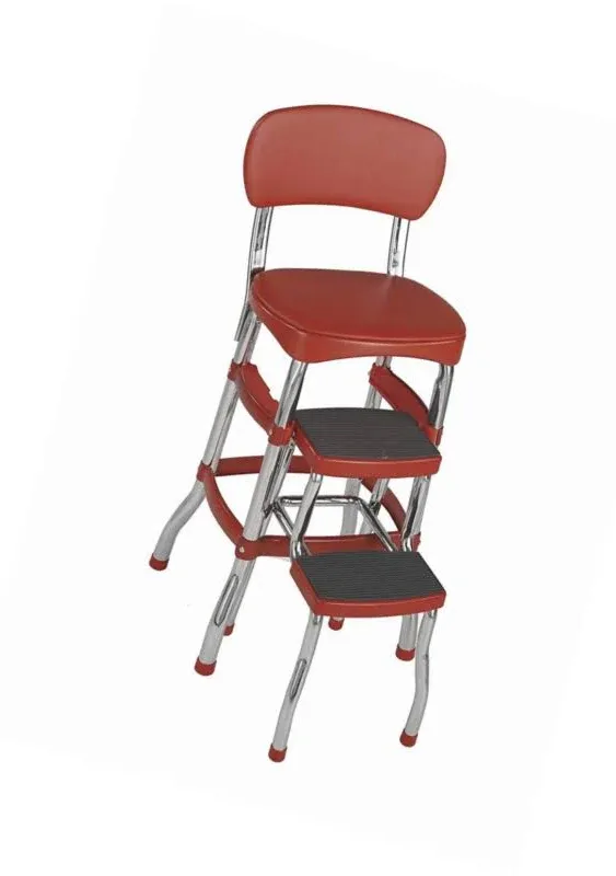 Retro Chair + 2-Step Steel Step Stool w/Pull-Out Steps, Red