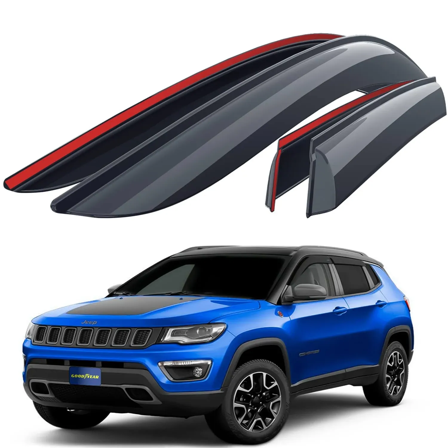 Goodyear Shatterproof Window Deflectors for Jeep Compass 2017-2024, Tape-on Rain Guards, Window Visors, Vent Deflector Visor, Car Accessories, 4 pcs. - GY003246