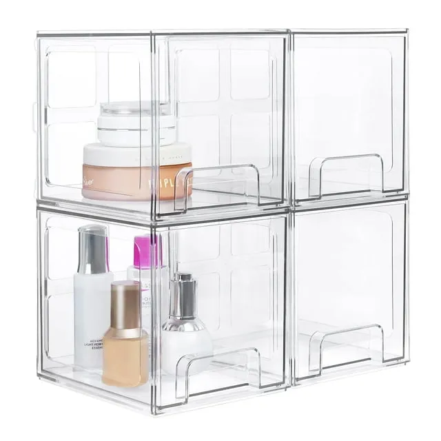 TALL Stackable Makeup Storage Drawers, Vtopmart 4 Pack Acrylic Bathroom Organizers, Clear Plastic Storage Bins, 6.6" High