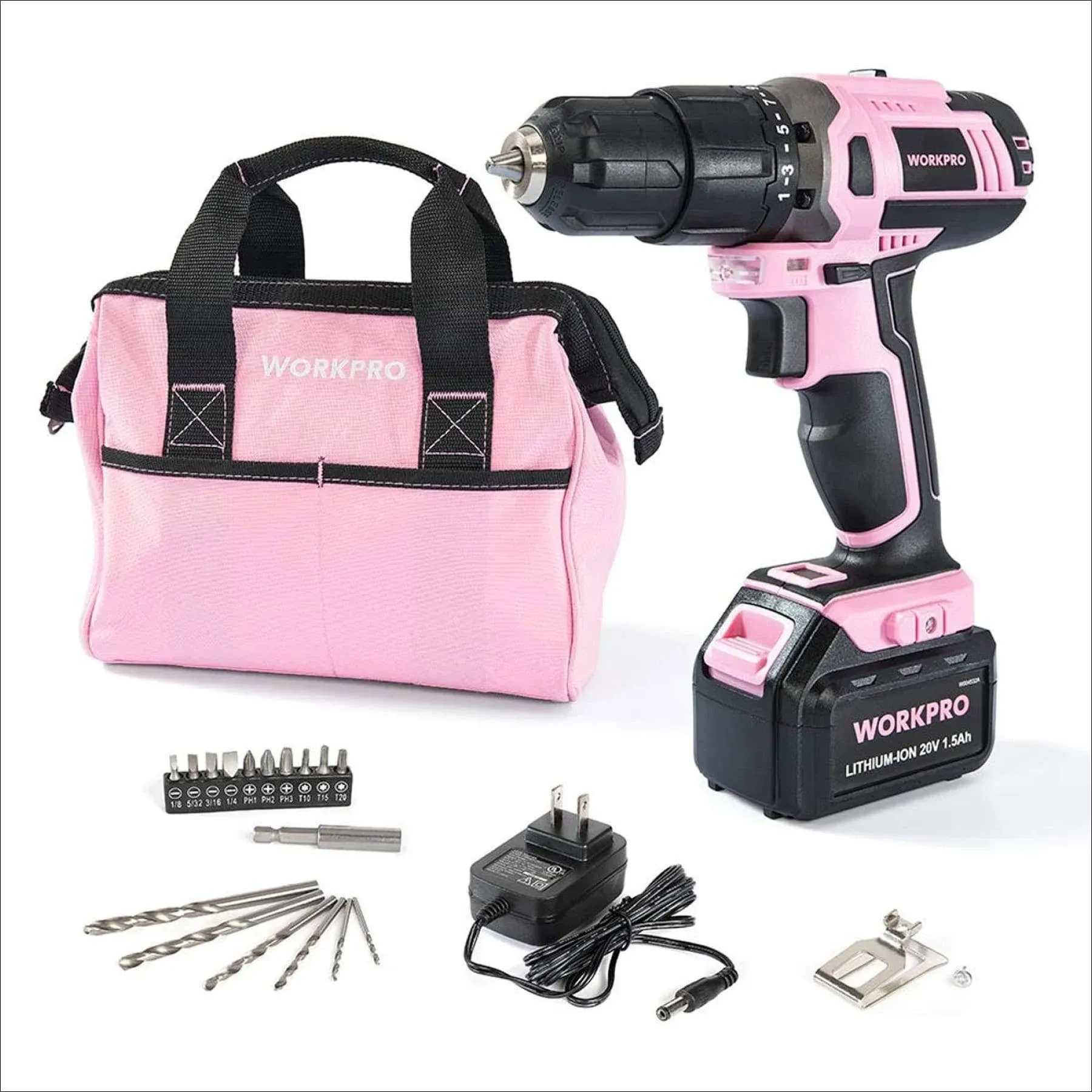 WorkPro Pink Cordless 20V Lithium Ion Drill Driver Set 1.5Ah 1 Battery Charger ...