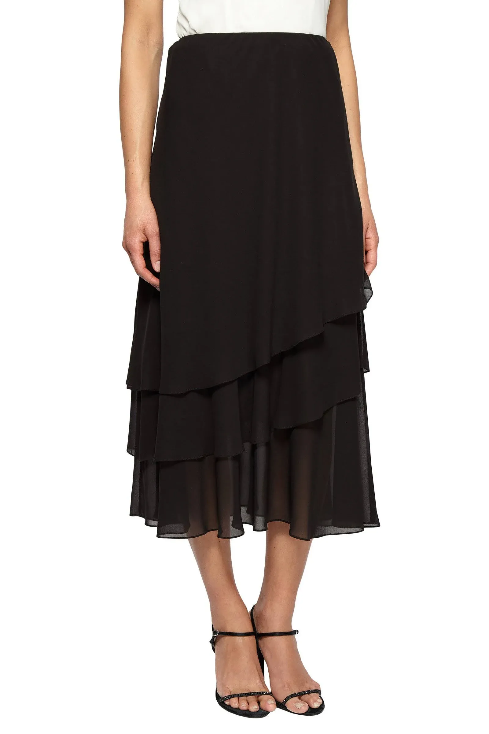 Alex Evenings Skirt, Tiered Chiffon Midi - Black - Size XL