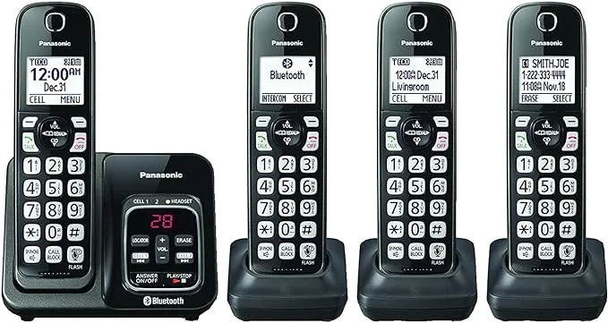 PANASONIC Expandable Cordless Phone System with Link2Cell Bluetooth, Voice Assistant, Answering Machine and Call Blocking - 4 Cordless Handsets - KX-TGD564M (Metallic Black)