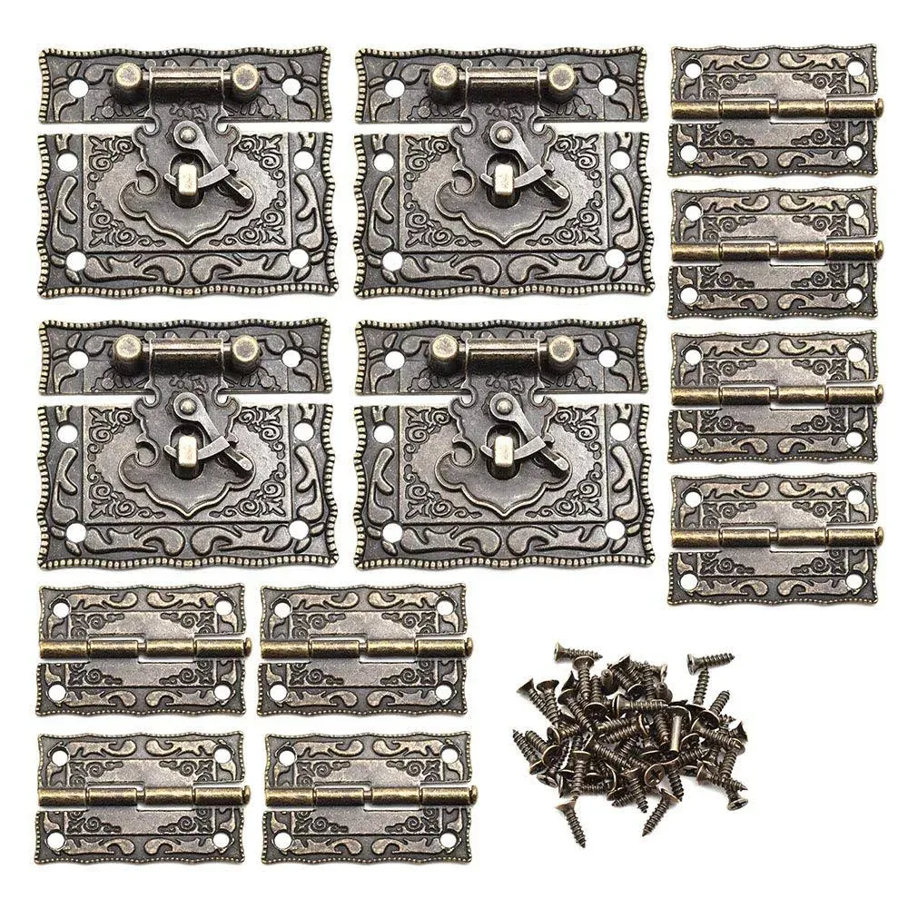 4 Sets Engraved Antique Hasp Latch Buckle Vintage Engraved Hinge Matching Screw