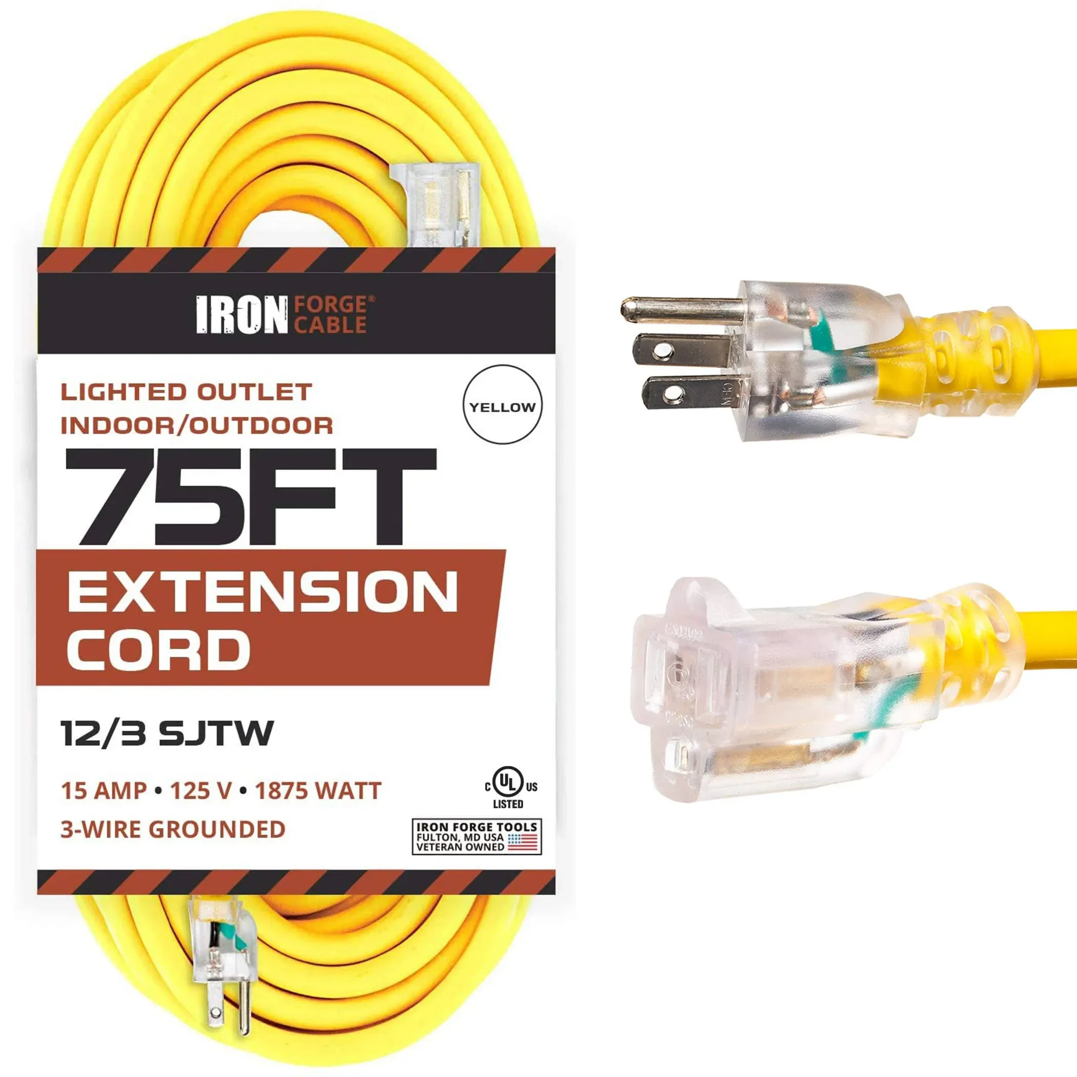 75 Foot Lighted Outdoor Extension Cord - 12/3 SJTW Heavy Duty Yellow