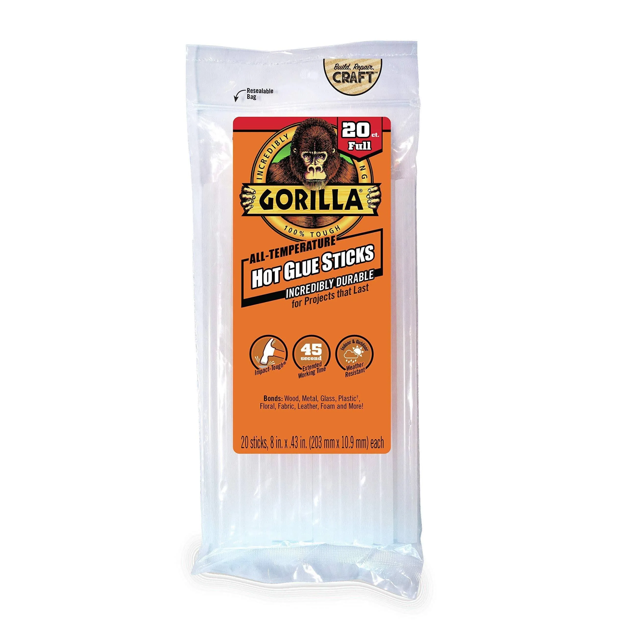 Gorilla 8 In. Standard Clear Hot Melt Glue (20-Pack) 3032002 Gorilla 3032002