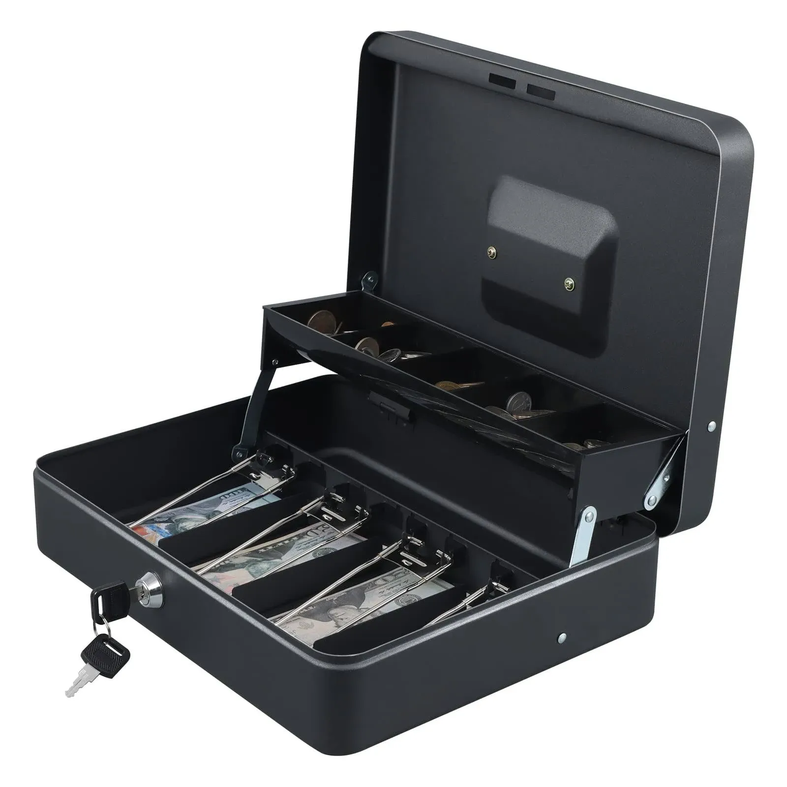 xydled Cash Box with Money Tray and Key Lock,Money Lock Box with Cash Tray,Safe Lock Box with Key,Tiered,4 Bill / 5 Coin Slots,11.8" x 9.5" x 3.5"