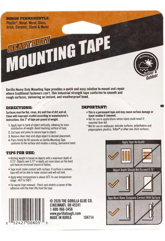 Gorilla Heavy Duty, Extra Long Double Sided Mounting Tape, 1" x 120", Black, (Pack of 1)