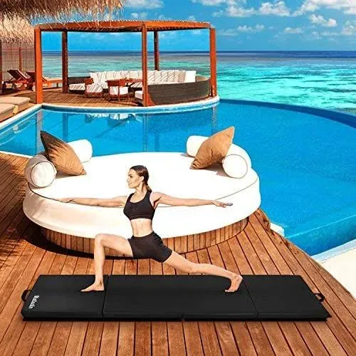 8' Folding Gymnastics Gym Exercise Aerobics Mat, 8ft x 2ft x 2in PU Leather Tumbling Mats with Hook & Loop Fastener for Stretching Yoga Cheerleading Martial Arts