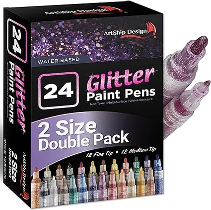 24 Glitter Paint Pens, Double Pack of Both Extra Fine and Medium Tip Paint Marke