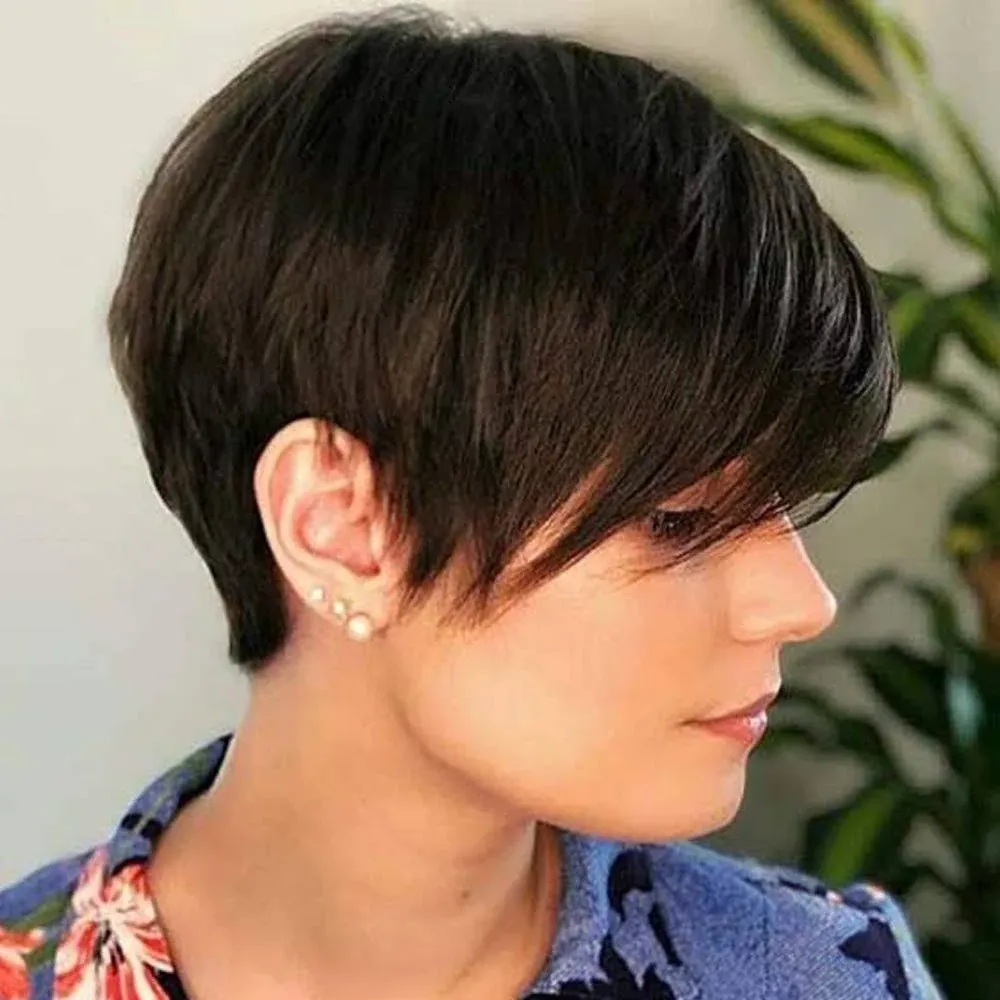 QUEENTAS Short Brown Pixie Cut Wig with Bangs Layered Straight Heat Resistant Synthetic Short Hair Hair Wigs for White and Black Women Daily Use (Black Cherry)