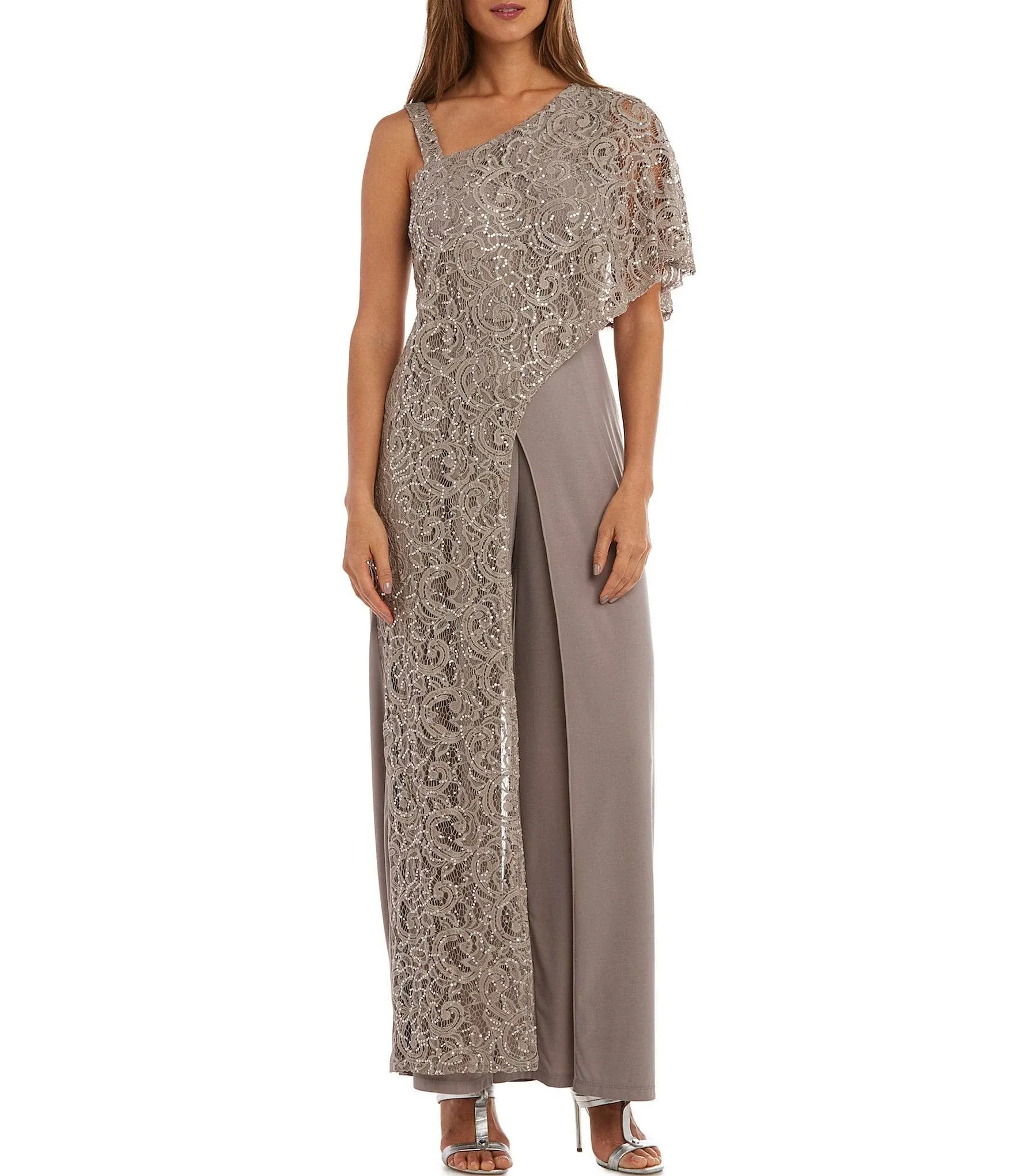 R&M Richards Womens Lace Overlay Sequined Jumpsuit