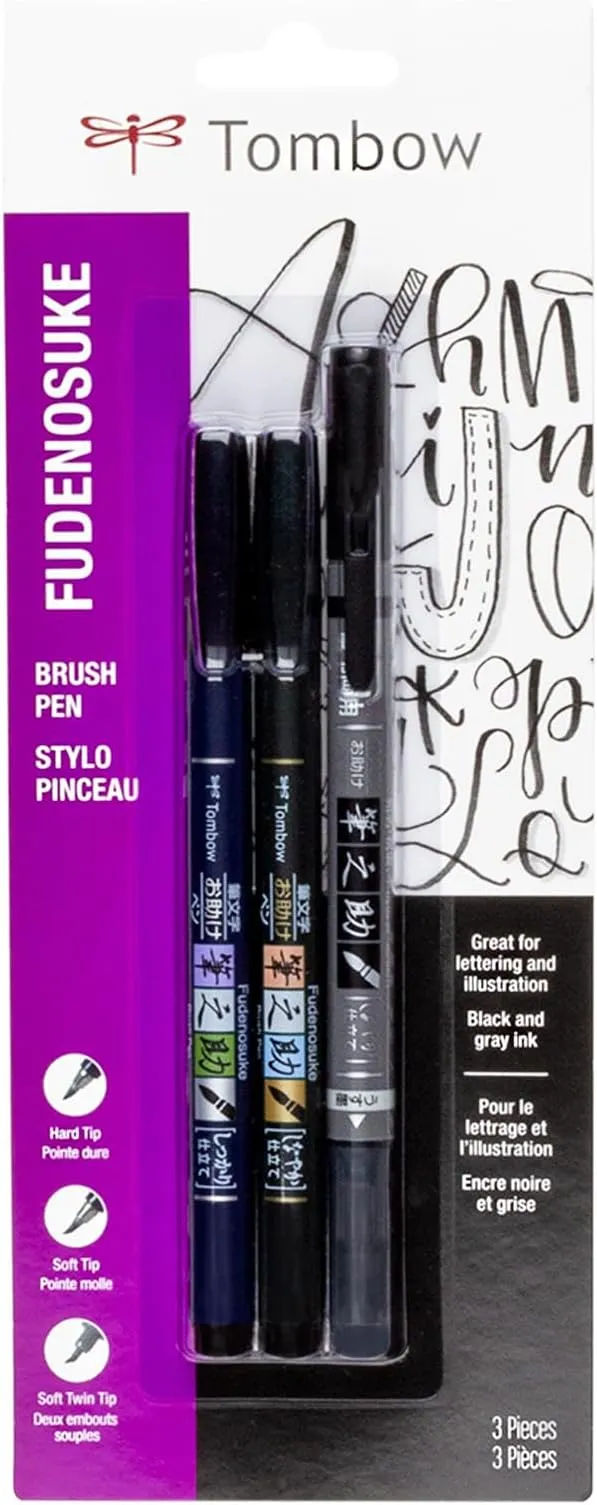 Tombow 62039 Fudenosuke Brush Pens, 3-Pack. Soft, Hard, and Twin Tip Markers for Calligraphy and Art Drawings