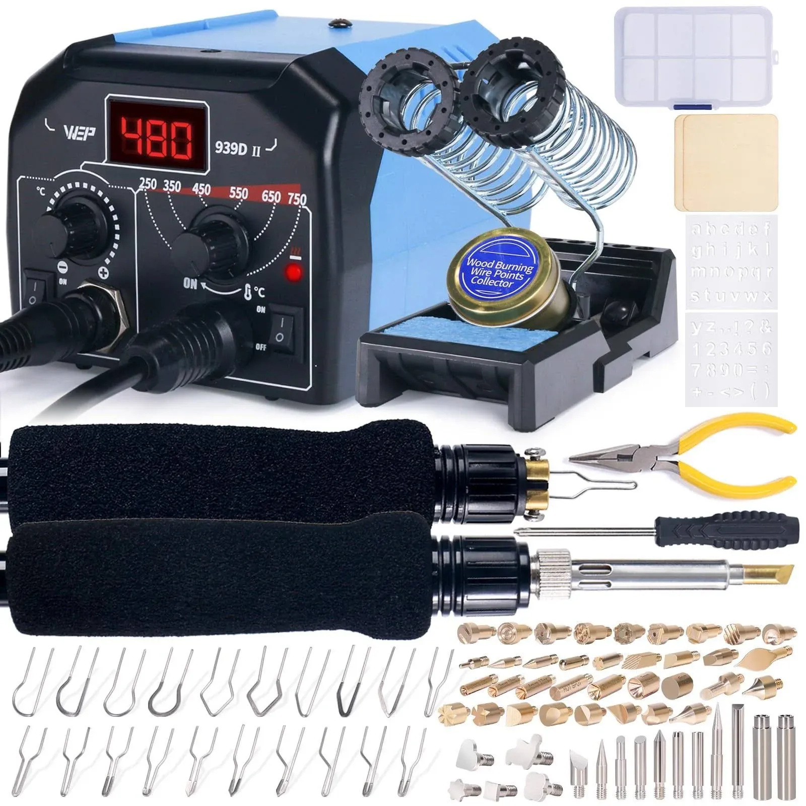 WEP 939D-II 2-IN-1 Wood Burning Kit 86-IN-1 with 51 Solid Points and 20 Wire Nibs Wood Burner with 2 Letter Number Stencils, 2 Unfinished Wood, 1 Pen Holder, Burning ToolWEP 939D-II 2-IN-1 Wood Burning Kit 86-IN-1 with 51 Solid Points and 20 Wire Nibs Wo