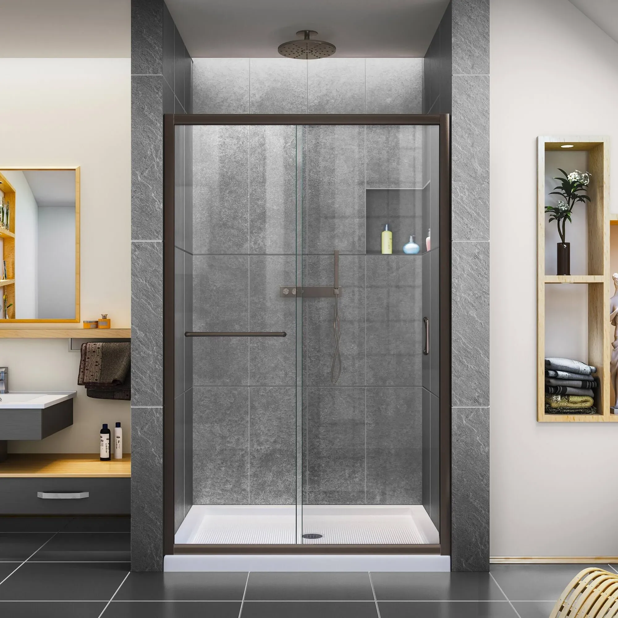 DreamLine Infinity-Z 44-in to 48-in x 72-in Single Semi-frameless Sliding Oil Rubbed Bronze Alcove Shower Door