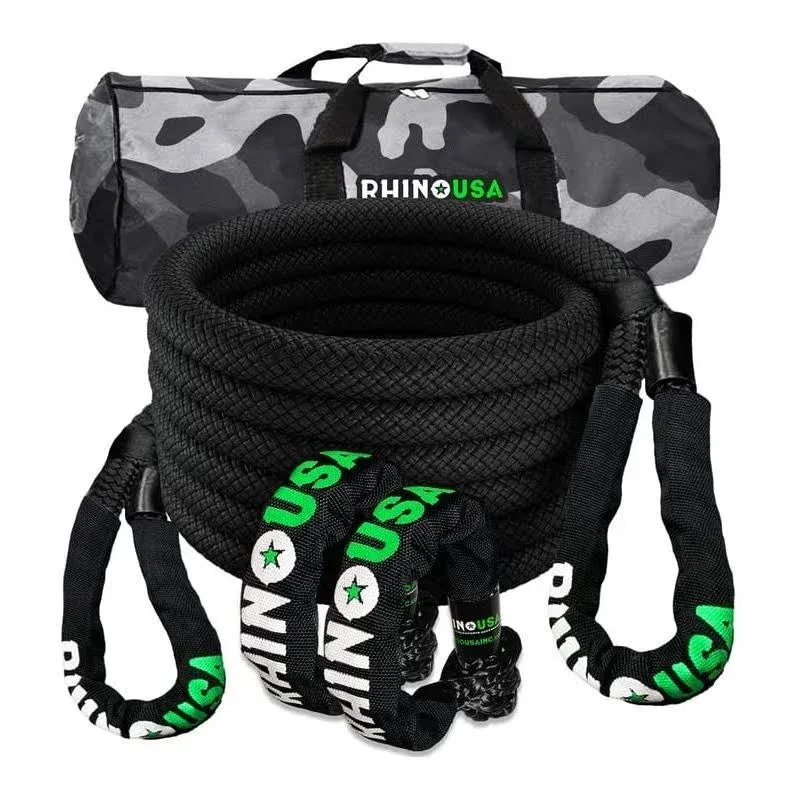 Rhino USA Kinetic Rope Recovery Kit (7/8in x 30ft) - Heavy Duty Offroad Snatch Strap - Includes 2 Soft Shackle for UTV, ATV, Truck, Car, Jeep, Tractor