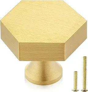 QOGRISUN 10-Pack Solid Brass Cabinet Knobs, Gold Hexagon Knobs for Dresser Drawer, 1.2-Inch Diameter, Modern Kitchen Hardware, Brushed Brass Finish