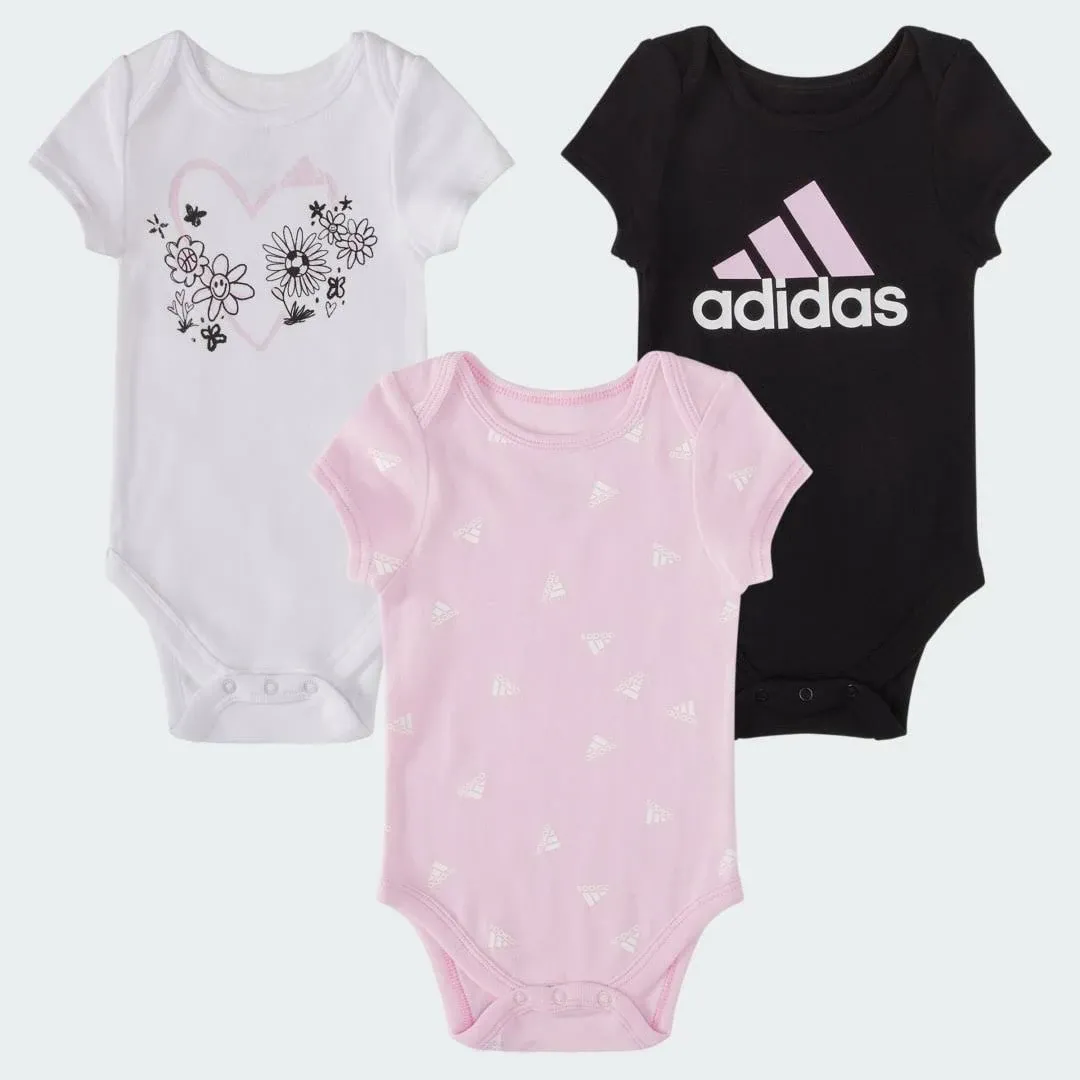 Adidas Baby Girls Printed Cotton Bodysuits, Pack of 3 - Black, Pink, White