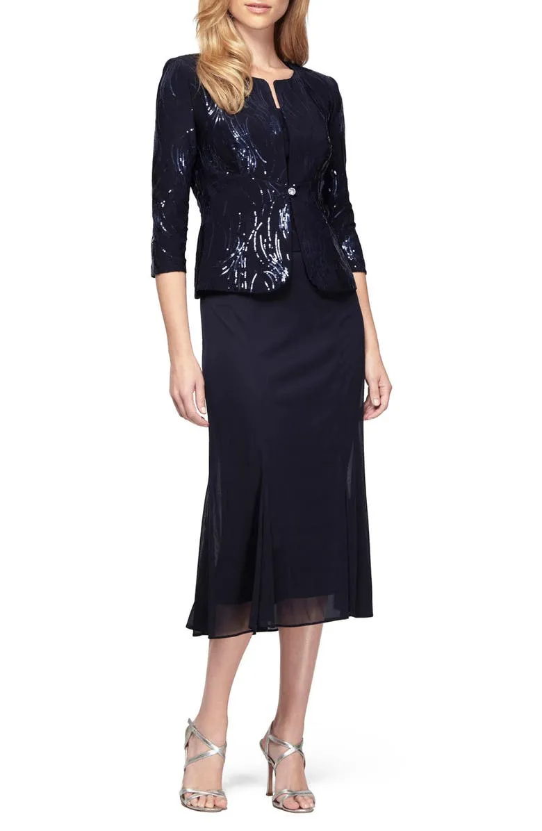 Alex Evenings Petite Sequined Midi Dress and Jacket - Navy