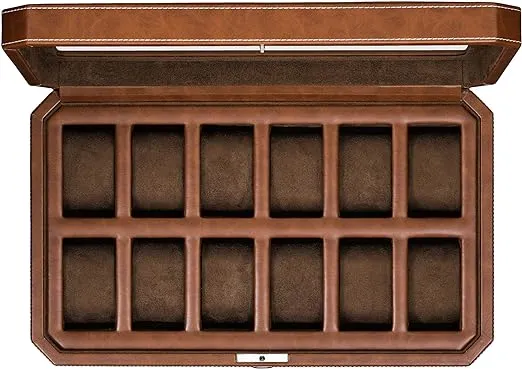 ROTHWELL 12 Slot Leather Watch Box - Luxury Watch Case Display Organizer, Microsuede Liner, Locking Mens Jewelry Watches Holder, Men's Storage Boxes Holder Large Glass Top (Tan/Brown)