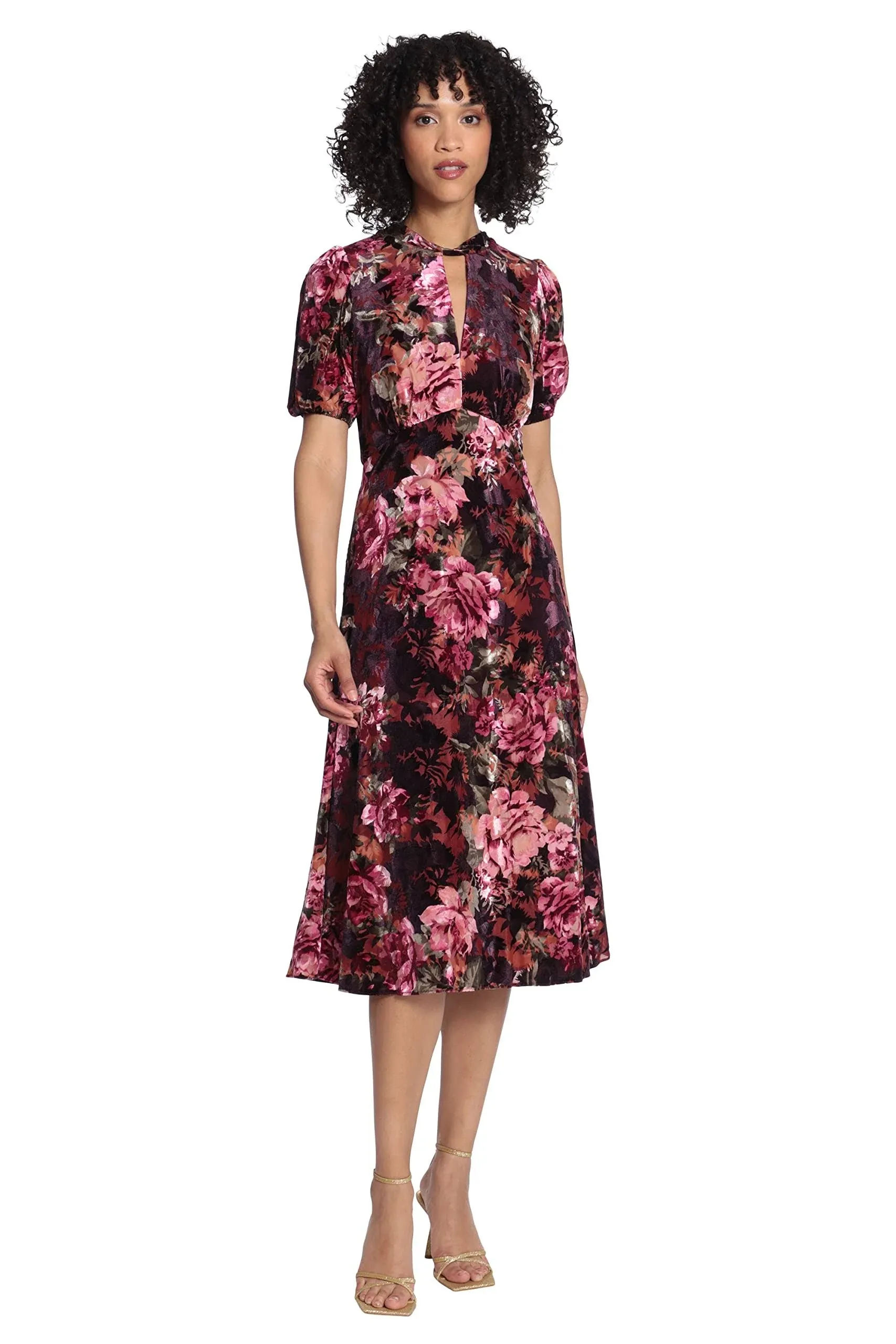 Maggy London Floral Keyhole Midi Dress in RAISIN/WINE/OLIVE