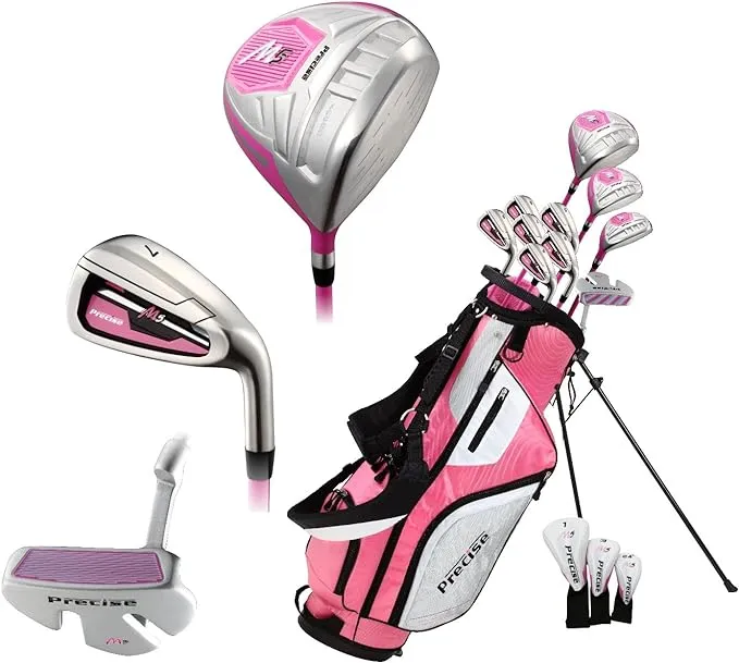 Precise Top Line Ladies Pink Right Handed M5 Golf Club Set, Includes: Driver, Wood, Hybrid, No. 5,6,7,8,9, PW Stainless Steel Irons, Putter, Graphite