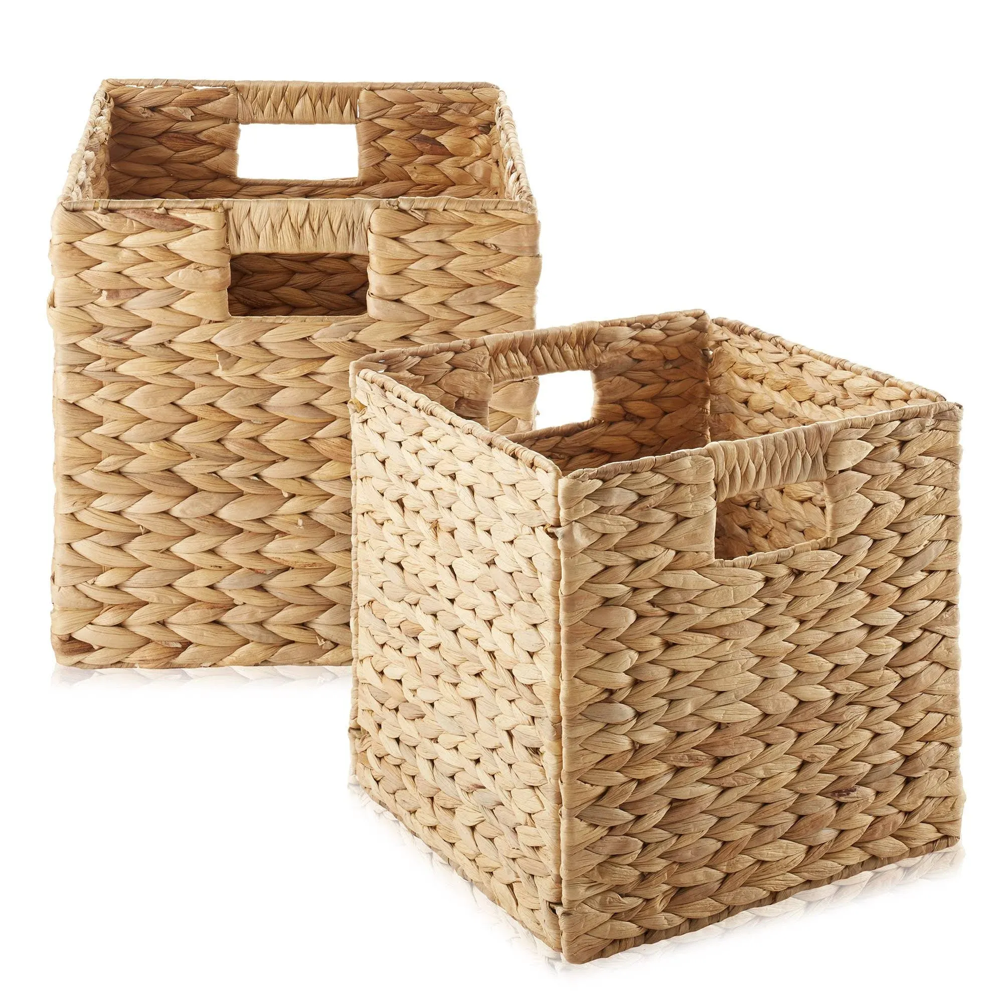 Casafield 12" x 12" Water Hyacinth Storage Baskets, Natural - Set of 2 Collapsible Cube Organizers, Woven Bins for Bathroom, Bedroom, Laundry,