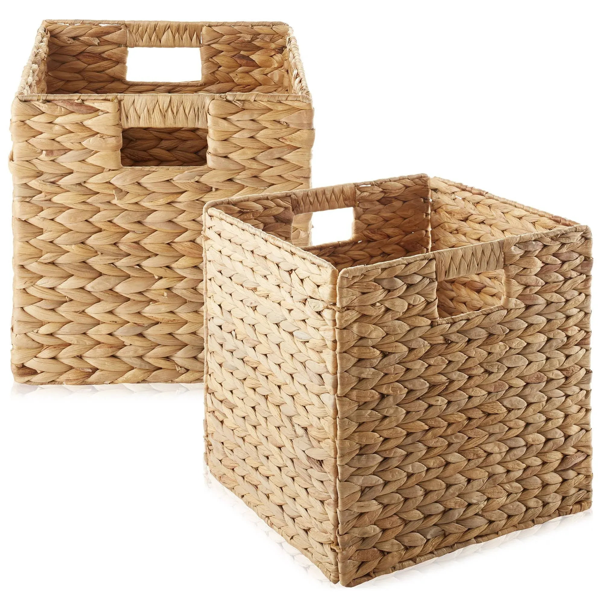 Casafield 12" x 12" Water Hyacinth Storage Baskets, Natural - Set of 2 Collapsible Cube Organizers, Woven Bins for Bathroom, Bedroom, Laundry,