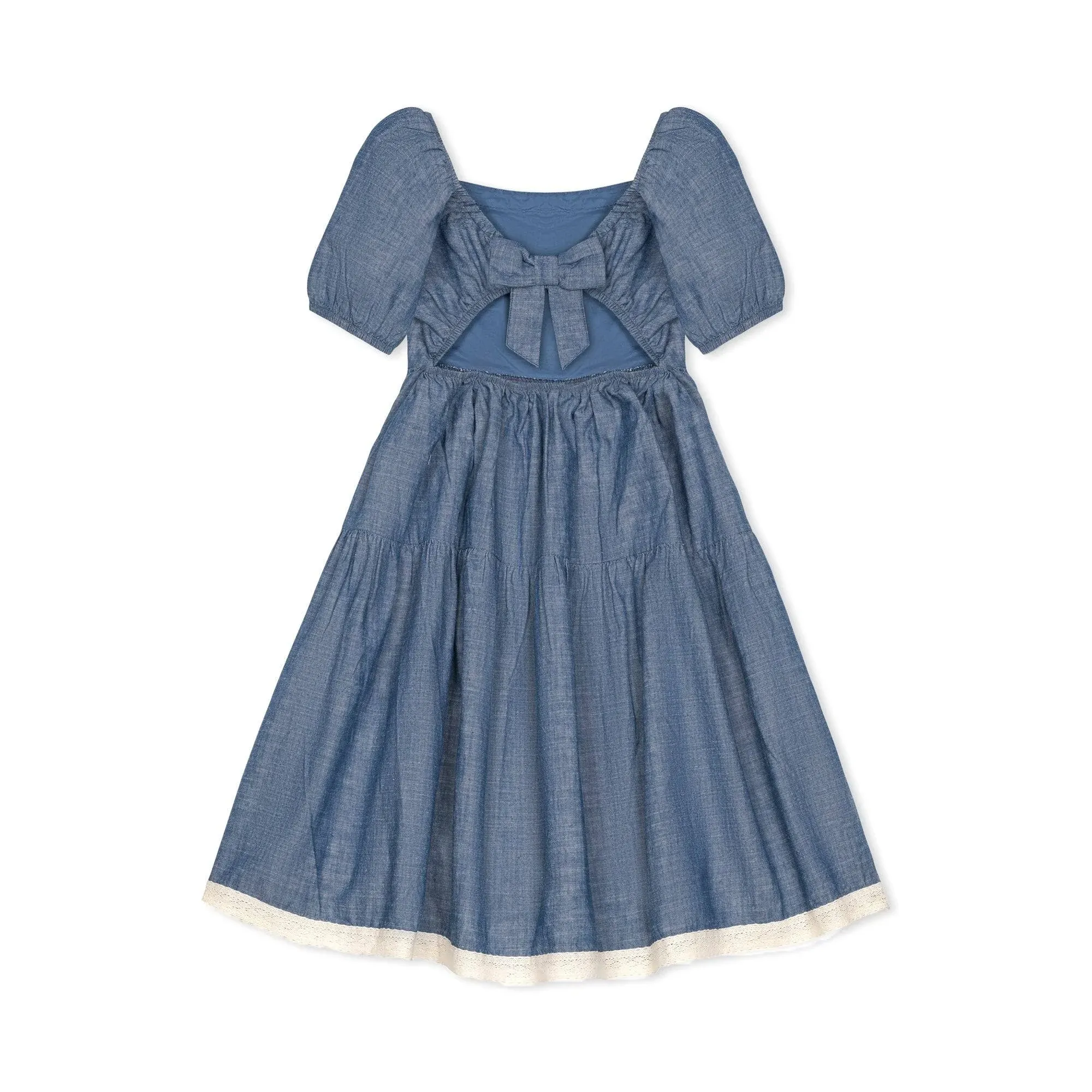 Hope & Henry Girls' Short Bubble Sleeve Crochet Trim Chambray Dress, Kids, 7