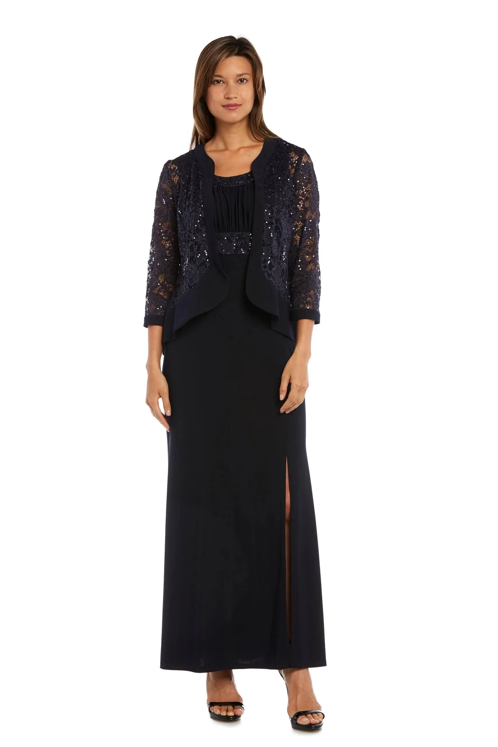 R&M Richards Women's 2 Piece Ruffled Lace Jacket Long Dress Navy / 10