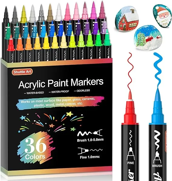 Shuttle Art 36 Colors Dual Tip Acrylic 1 Count (Pack of 36), fine &amp; brush tip 