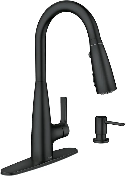 Moen 87627EIBL Haelyn Matte Black Single-Handle Pull-Down Kitchen Faucet with LED Light Colorcue Temperature Indicator and Soap Dispenser