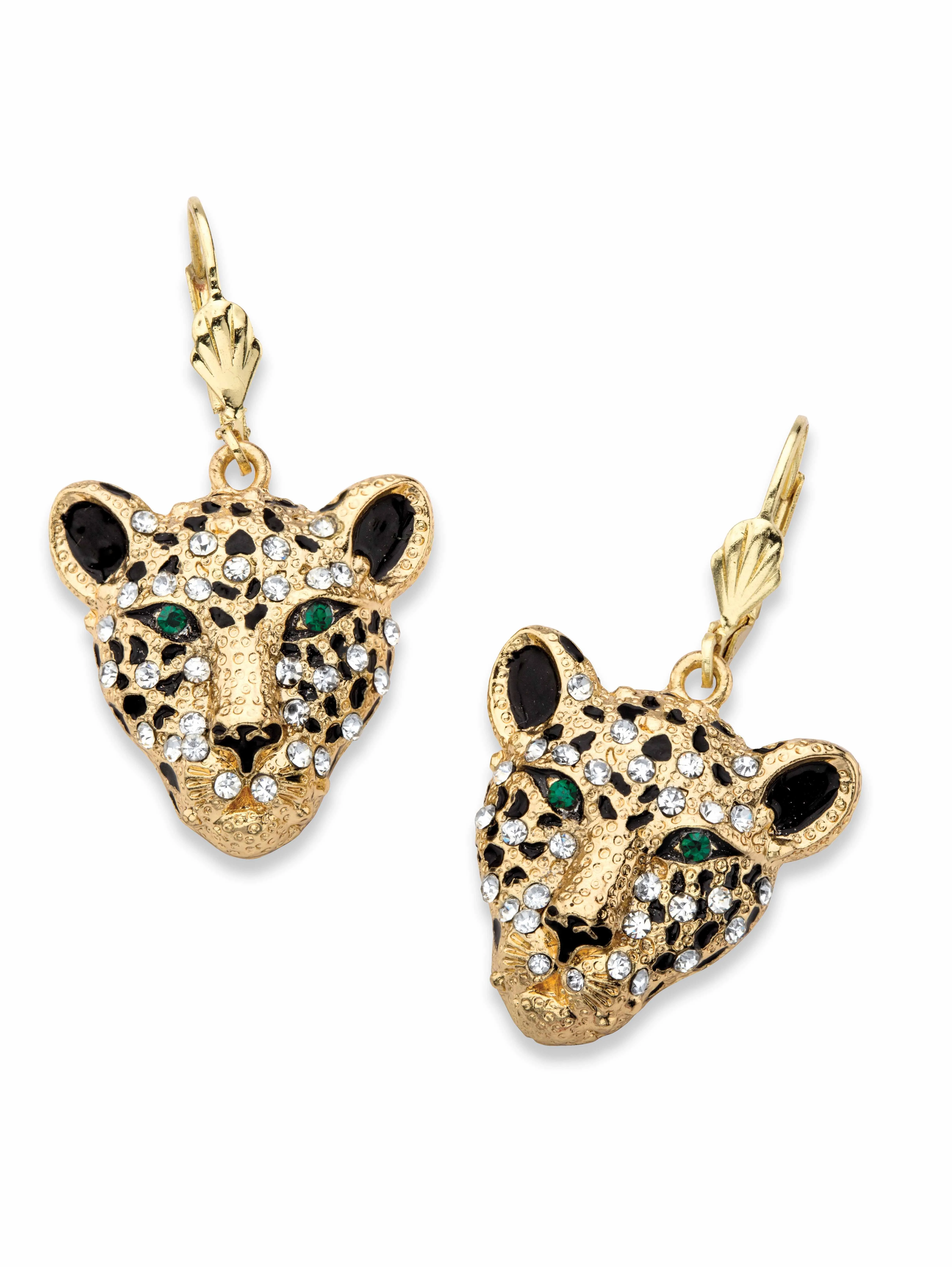 WHITE CRYSTAL LEOPARD FACE DROP EARRINGS WITH GREEN ACCENTS GOLD TONE